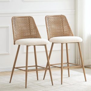 Set of 2 Rattan Counter Height Bar Stools, 26" Modern Boucle Fabric with PE Cane Back and Metal Legs, Brown