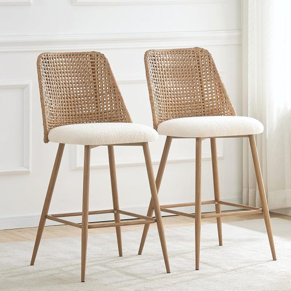 Set of 2 Rattan Counter Height Bar Stools, 26" Modern Boucle Fabric with PE Cane Back and Metal Legs, Brown