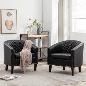 Set of 2 Modern Black Faux Leather Barrel Chairs with Tufted Upholstery and Nailhead Trim for Living Room and Bedroom