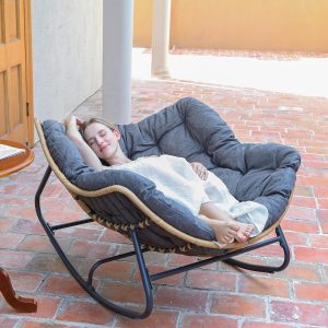 SWITTE Outdoor Rocking Egg Chair, Rattan Wicker Papasan Lounge, Dark Grey