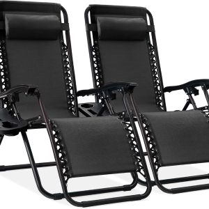 Set of 2 Adjustable Steel Mesh Zero Gravity Lounge Chairs with Pillows and Cup Holders - Black