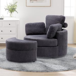 Dark Grey Corduroy Swivel Barrel Chair with Ottoman for Living Room