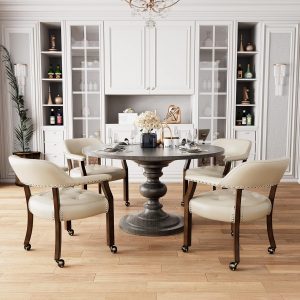 Set of 4 Large Upholstered Dining Chairs with Wheels, Armrests, and Solid Wood Legs