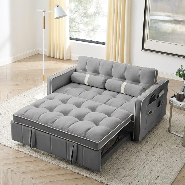55" Modern Velvet Convertible Sofa Bed with Adjustable Back, Arm Pockets, and 2 Lumbar Pillows for Small Living Rooms (Grey)