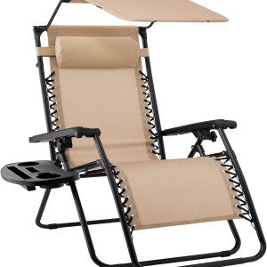 Folding Zero Gravity Patio Recliner with Canopy, Headrest, and Tray - Beige