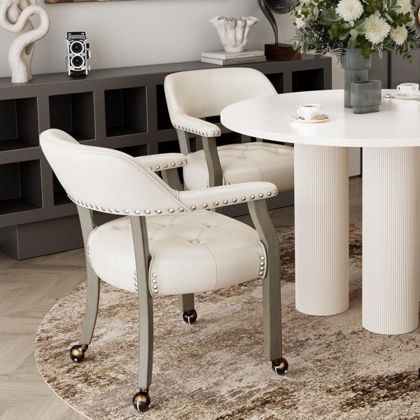 Set of 2 Antique Grey & Ivory Dining Chairs with Casters, Arms, and Wood Frame (No Table)