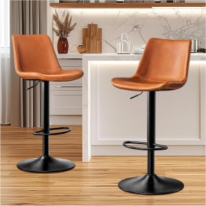 Adjustable Vintage Leather Bar Stools with Large Base, Ergonomic Bistro Chairs for Kitchen or Pub, Set of 2, Whisky Brown