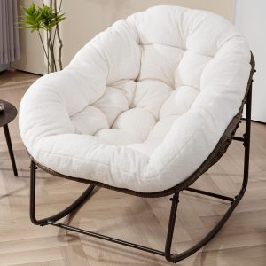 Oversized Papasan Rocking Chair with Cushion for Patio, Porch, or Indoor Use (White Teddy)