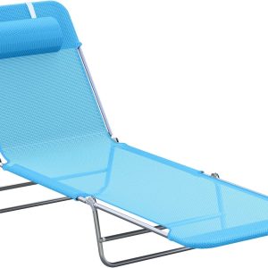 Outsunny Folding Chaise Lounge, Outdoor Reclining Sun Chair with Pillow, Steel Frame, Breathable Mesh, Blue