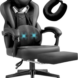 Gaming Chair PRO – Ergonomic Reclining Computer Chair for Adults, Massage, Footrest, Lumbar Support, Heavy-Duty Mesh (Black)