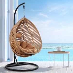 Yellow Rattan Wicker Hanging Egg Swing Chair with Stand and Cushions, 350 lbs Capacity for Indoor/Outdoor Use