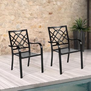 Suncrown 2 Black Wrought Iron Outdoor Dining Chairs, 300 lbs, Stackable with Armrests for Patio, Garden, Poolside