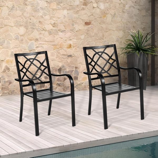 Suncrown 2 Black Wrought Iron Outdoor Dining Chairs, 300 lbs, Stackable with Armrests for Patio, Garden, Poolside