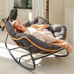 Oversized Wicker Rocking Papasan Chair with Cushion for Indoor/Outdoor Use, Dark Grey