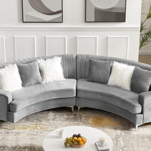 Yoglad Modern Curved Sectional Sofa, Tufted with Metal Legs and Pillows, Grey Velvet, 140"