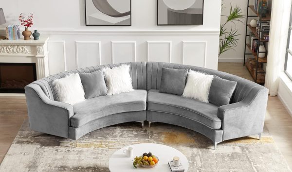 Yoglad Modern Curved Sectional Sofa, Tufted with Metal Legs and Pillows, Grey Velvet, 140"