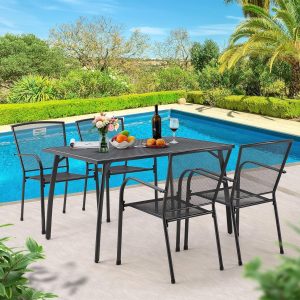 AECOJOY Metal Patio Dining Set for 4 with 51" Table, Umbrella Hole, and Stackable Chairs