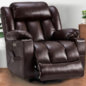 Brown Power Lift Recliner with Massage, Heat, Cup Holders, USB/Type-C Ports, and Remote Control
