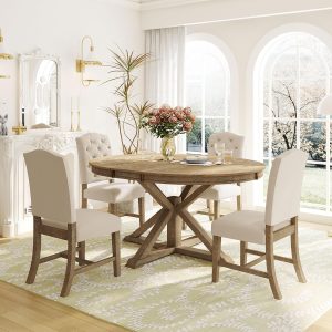 5-Piece Farmhouse Dining Set with Extendable Round Table and 4 Upholstered Chairs, Natural Wood Wash