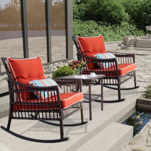 DECMICO 3-Piece Outdoor Wicker Rocking Chair Set with Table and Cushions, Orange