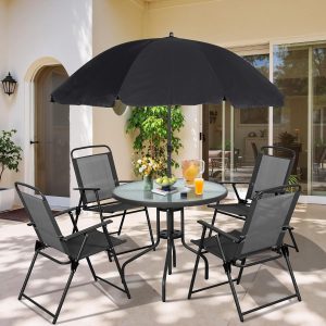 Vongrasig 6-Piece Folding Patio Dining Set with Umbrella, Black