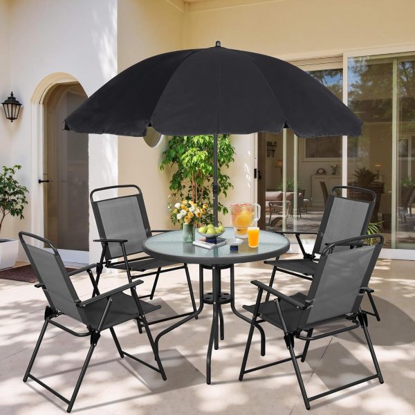 Vongrasig 6-Piece Folding Patio Dining Set with Umbrella, Black