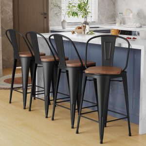 Alunaune 26" Swivel Metal Bar Stools, Set of 4, Industrial High Back Counter Height with Wooden Seat, Matte Black