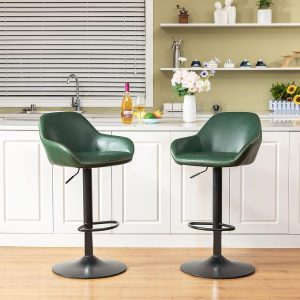 Glitzhome Mid Century Bar Stools, Set of 2, Vintage Swivel Leather, Adjustable, Hunter Green