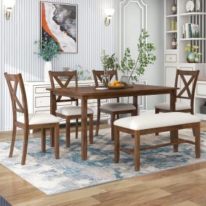 6-Piece Dining Set: Wood Table, 4 Chairs, Cushioned Bench, Natural Cherry