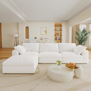 120" White L-Shape Modular Cloud Couch with Storage Ottoman, Down-Filled, Washable Covers, 3-Seater
