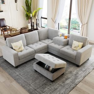 3-Seat Sectional Sofa with Storage Ottoman and Cup Holders for Living Room