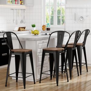 Set of 4 Yongqiang Black Metal Bar Stools with Wooden Seats, 30-Inch Industrial High Back Kitchen Island Barstools