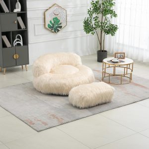 Faux Fur Bean Bag Sofa with Ottoman, Cozy Modern Lounger for Living Room or Bedroom (Beige)