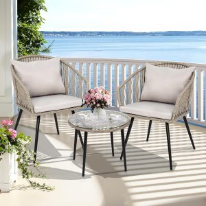 YITAHOME 3-Piece Wicker Patio Chair Set with Cushions and Glass Side Table, Gray