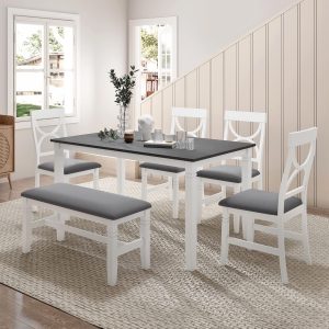 6-Piece Solid Wood Dining Table Set with Bench and Chairs for 6, Gray+White