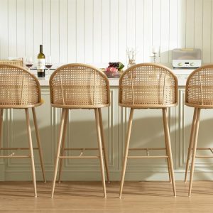 Set of 6 Boho Rattan Bar Stools, 29" Counter Height with Wicker Back and Leather Seat for Kitchen and Restaurant