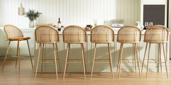 Set of 6 Boho Rattan Bar Stools, 29" Counter Height with Wicker Back and Leather Seat for Kitchen and Restaurant