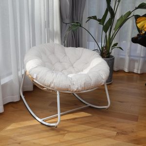 Outdoor Wicker Egg Rocking Chair with Beige Cushion for Patio and Living Room