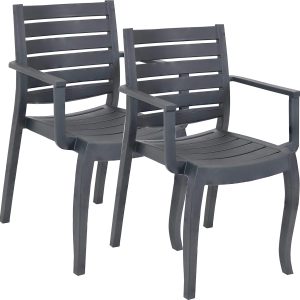 Sunnydaze Illias Plastic Patio Arm Chairs, Set of 2, Stackable, Gray