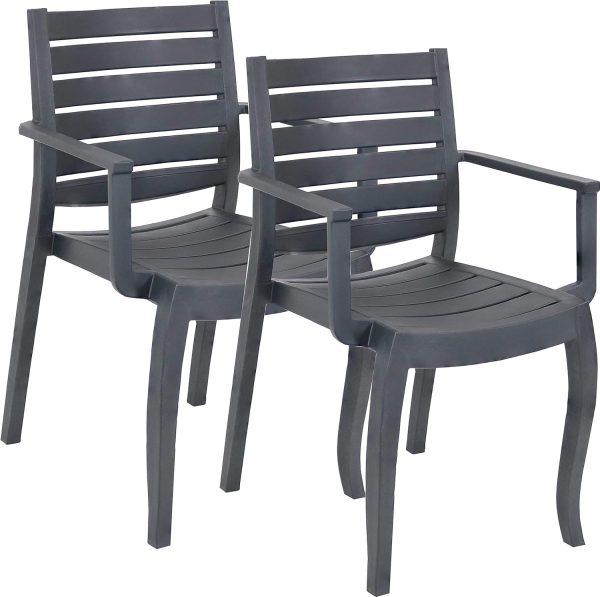 Sunnydaze Illias Plastic Patio Arm Chairs, Set of 2, Stackable, Gray