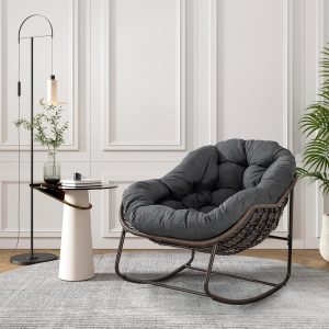 Antetek Outdoor Wicker Rocking Egg Chair – Oversized Patio Lounge Chair with Cushion, Grey
