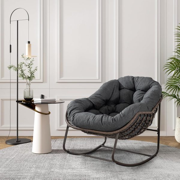 Antetek Outdoor Wicker Rocking Egg Chair – Oversized Patio Lounge Chair with Cushion, Grey