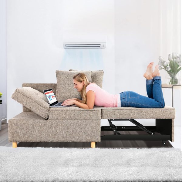 SEJOV 4-in-1 Convertible Sofa Bed Chair, 3-Seat Linen Loveseat with 2 Pillows, Recliner for Small Spaces, Adjustable Backrest, Brown Grey