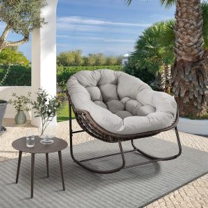 Oversized Wicker Egg Rocking Chair with Cushion for Indoor/Outdoor Use, Beige