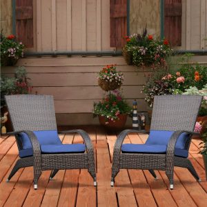 Set of 2 Navy Wicker Adirondack Chairs with Cushions for Patio