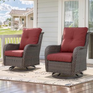 Set of 2 Outdoor Swivel Rocker Patio Chairs with Wicker and Deep Seats, Brown/Red