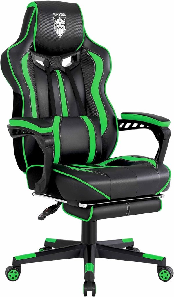Vonesse Gaming Chair with Footrest, Massage, and Reclining for Adults and Teens (Green/Black)