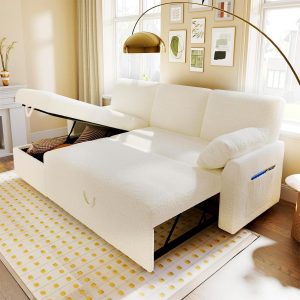 VanAcc Sleeper Sofa Bed with Storage Chaise, White Sherpa