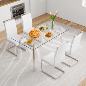 Glass Dining Table Set for 4 with White Leather Chairs