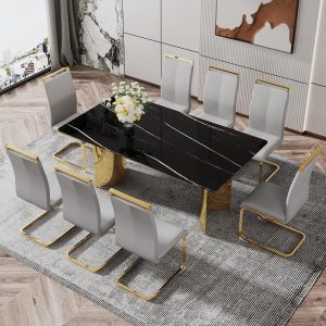 9-Piece Faux Marble Dining Table Set with 8 Leather Chairs